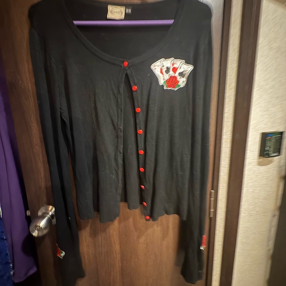 Black Cardigan with Red Buttons and Patch